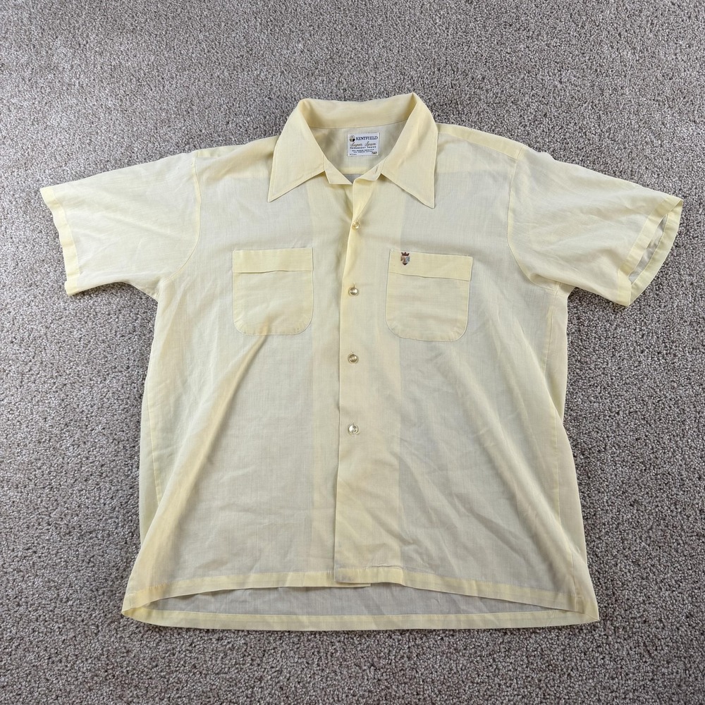 Vintage 70s Kentfield Shirt Mens Large Yellow Solid Short Sleeve Button Up
